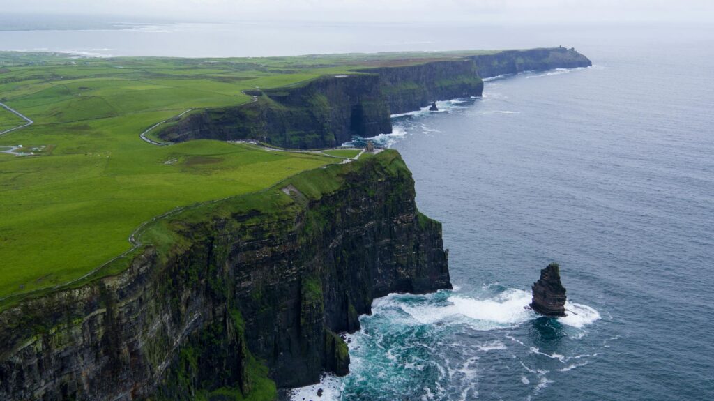 aerial photography of rock next to water body, the cliffs of moher in Ireland