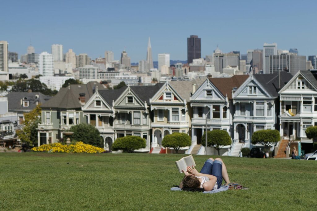 woman lying on white textile in grass field during daytime in front of the Pink Ladies in san francisco